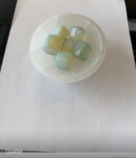 Opalite Tumbled Stones group — iridescent blue-white glow for emotional expression, change, and peaceful energy.