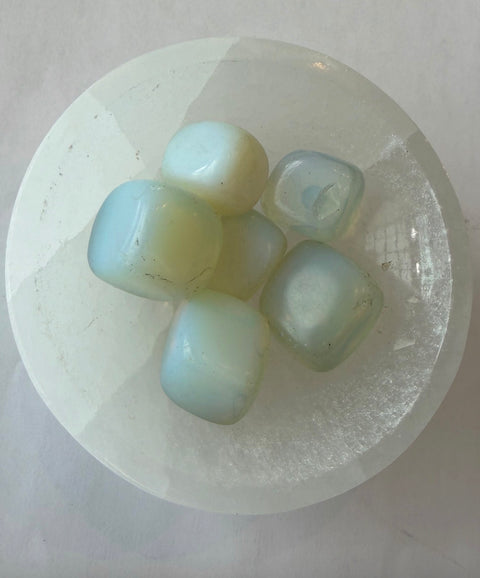 Opalite Tumbled Stones in selenite bowl — opalescent crystal for Third Eye Chakra, calm, and restful sleep.