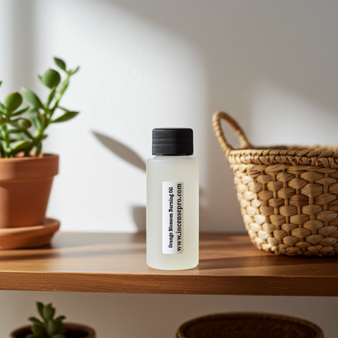 Orange Blossom Burning Oil featuring a sweet citrus floral scent for relaxing spaces.