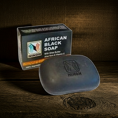 Organic African black soap enriched with shea butter for daily beauty care.