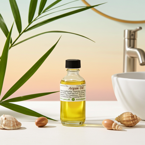 Natural argan carrier oil bottle with minimalist label for everyday skincare use.