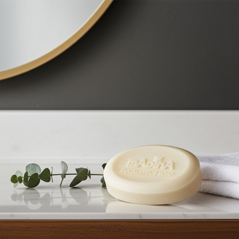 Organic eucalyptus soap with a herbal aroma for body cleansing.