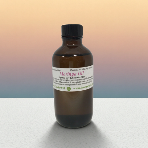 Organic moringa carrier oil beauty product for moisturizing skin and hair.