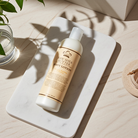 Organic raw shea butter lotion providing rich skin hydration and smooth texture.