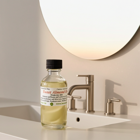 Organic-style sweet almond carrier oil presented in a clean product setting.