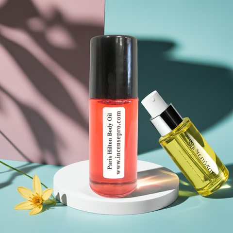 Paris Hilton body oil moisturizing treatment in bottle form for skin nourishment, body hydration, and smooth skin care.