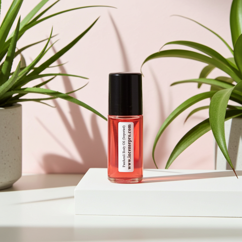 Patchouli Body Oil imported bottle for moisturizing skin, daily body care, and a warm earthy fragrance.