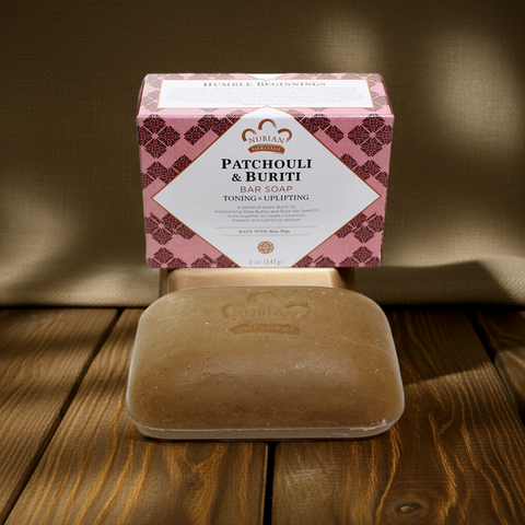 Patchouli and Buriti Soap toning and uplifting bar for nourished skin and grounding aromatherapy.