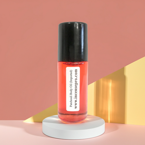 Patchouli moisturizing body oil bottle for nourishing skin, smoothing rough areas, and daily skincare use.