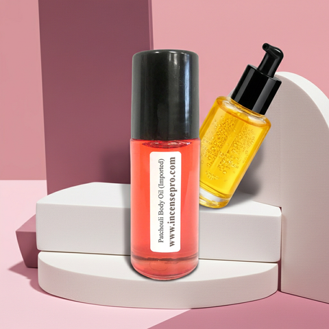 Patchouli scented body oil bottle for hydrating the body, post-shower care, and everyday fragrance wear.