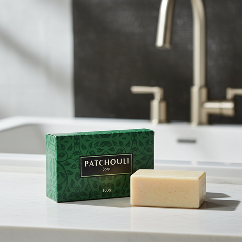 Patchouli scented soap bar for bathing, relaxation, and daily cleansing.