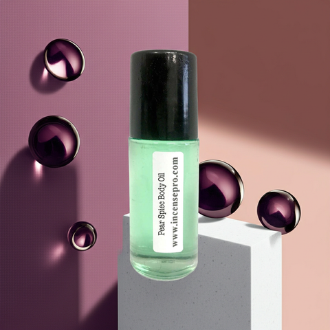 Pear scented body oil bottle for softening skin, lightweight hydration, and a fresh daily skincare routine.