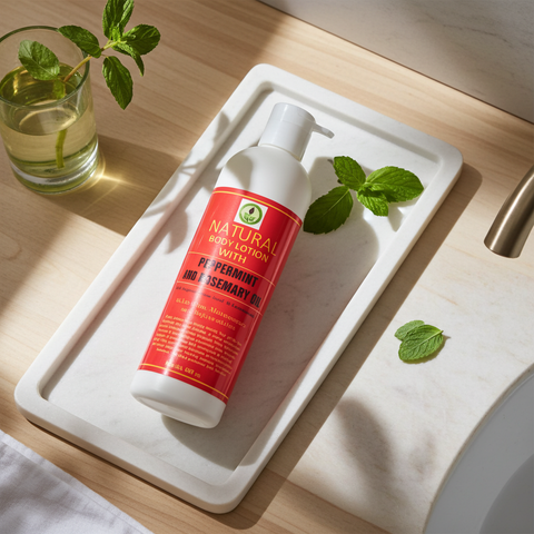 Peppermint and rosemary oil lotion in a skincare container for refreshing daily hydration.