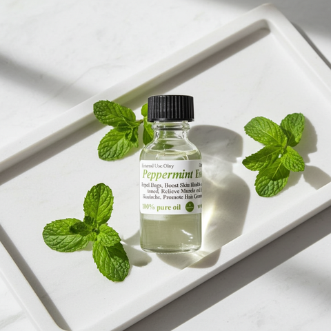 Pure peppermint essential oil in a bottle for aromatherapy