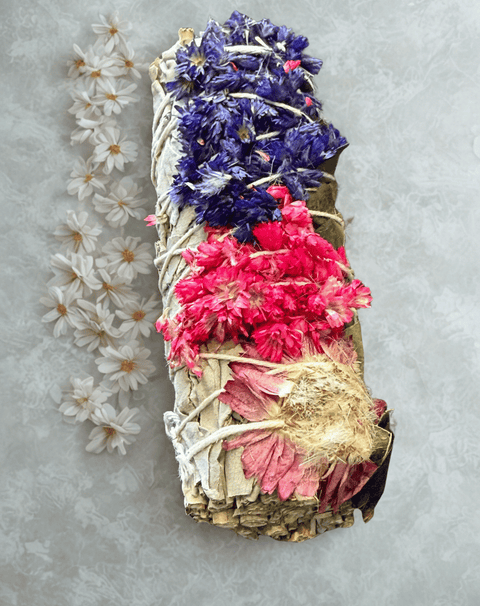 Sage with Pink & Purple smudge bundle for cleansing rituals, meditation practice, and spiritual purification.