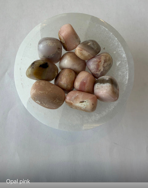 Pink Opal Tumbled Stones — natural pink and peach crystals for emotional healing and calm.
