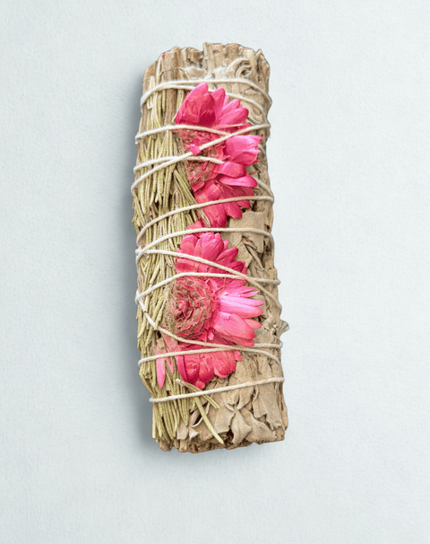 Sage with Rosemary with Pink smudge bundle for cleansing rituals, meditation practice, and spiritual purification.