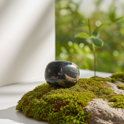 Plum Blossom Jade Jasper polished tumbled stone for crystal healing, relaxation, and mindful energy work.