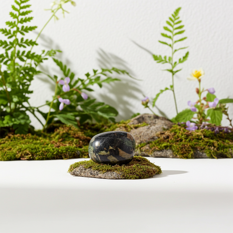 Plum Blossom Jade Jasper tumbled healing stone for emotional balance, crystal therapy, and intention setting.