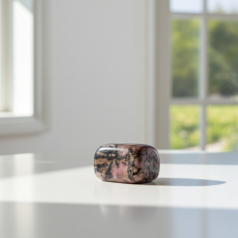Polished rhodonite tumbled stone for crystal healing, grounding, and heart-centered spiritual practice.