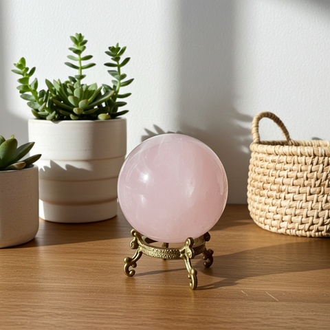 Polished rose quartz crystal sphere for chakra balancing, mindful meditation, and home altar display.