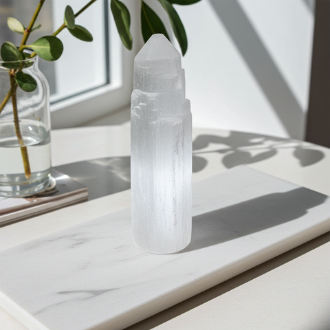 Polished White Selenite tower crystal for chakra balancing, cleansing rituals, and home altar use.