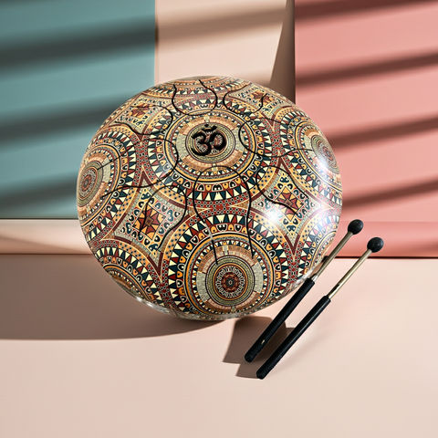 Portable tank drum with playing sticks arranged neatly for product display.