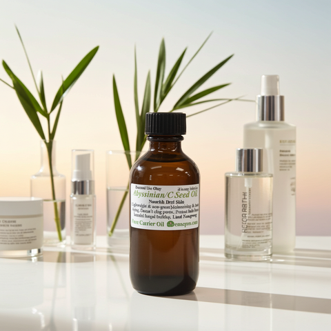 Premium quality Abyssinian or Crambe Seed carrier oil in elegant packaging.