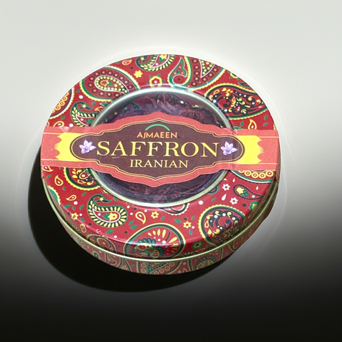 Decorative tin of Aimaen Iranian Saffron on a gray background