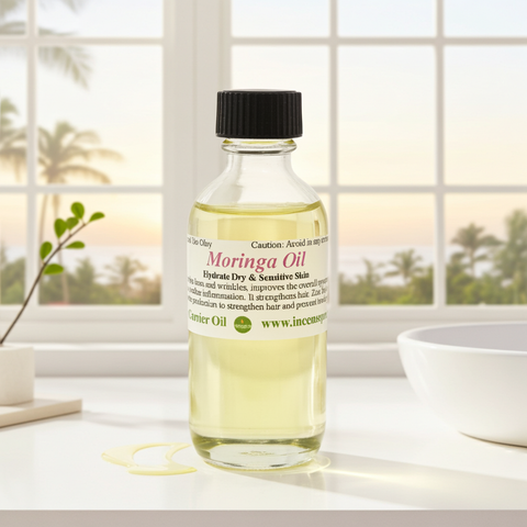 Premium moringa carrier oil bottle displayed for personal care use.