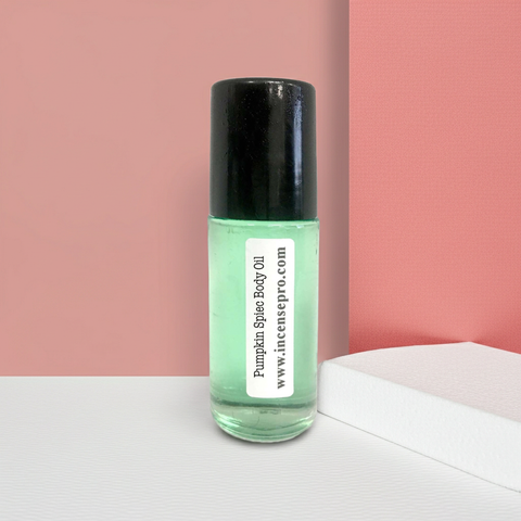 Pumpkin Spice skin nourishing body oil bottle for smoothing rough skin, nourishing the body, and after-shower use.
