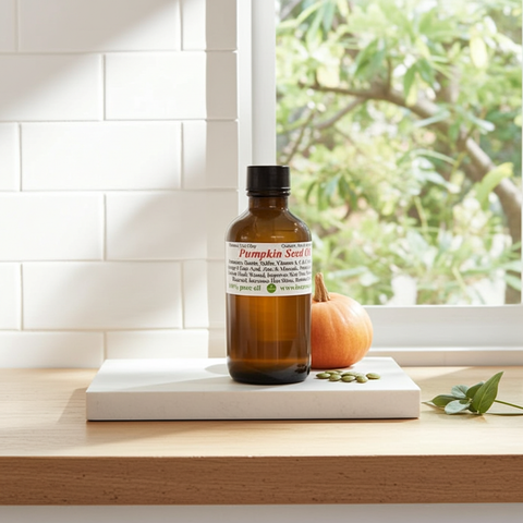 Pumpking seed carrier oil bottle suitable for hair care routines.