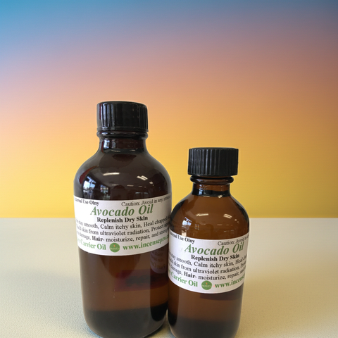 Close-up view of pure avocado carrier oil in a clear cosmetic bottle.