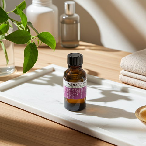 Pure geraniol essential oil featuring a fresh, sweet floral fragrance