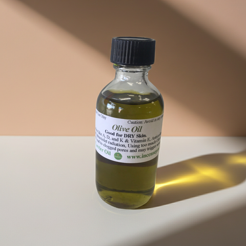 Pure olive carrier oil displayed in a clean cosmetic bottle.