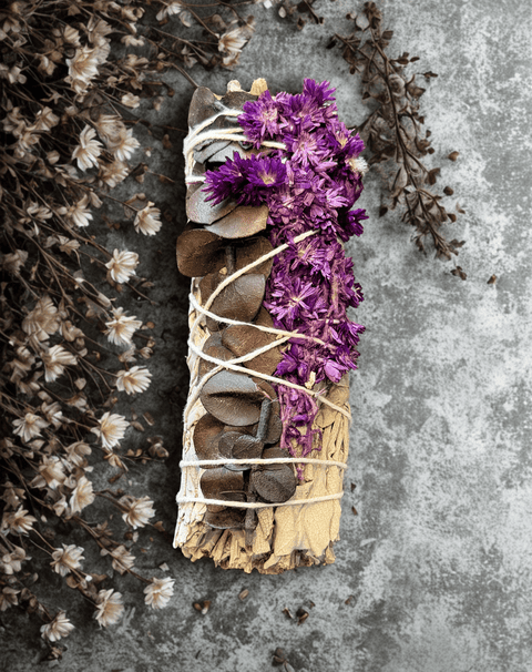 Sage with Purple Beauty smudge bundle for cleansing rituals, meditation practice, and spiritual purification.