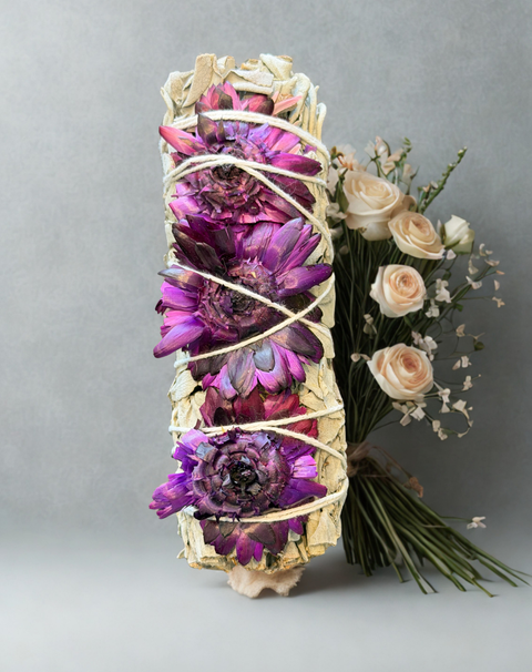 Sage with purple flowers sage bundle for spiritual cleansing, prayer work, and ceremonial practice.