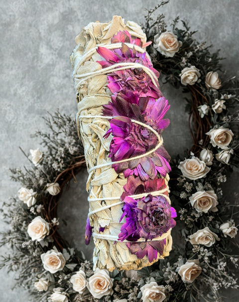 Sage with purple flowers smudge bundle for cleansing rituals, meditation practice, and spiritual purification.