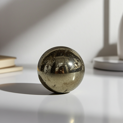 Pyrite crystal ball sphere for energy cleansing, meditation, and decorative crystal display.
