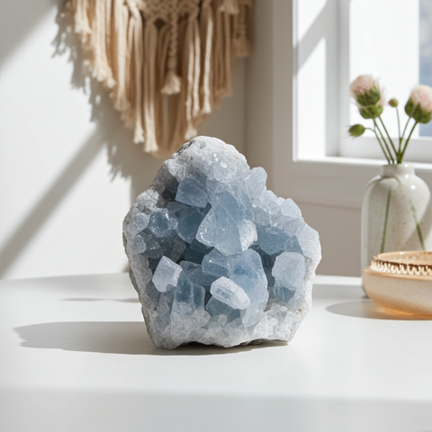 Raw Celestite Cluster healing crystal for spiritual practice, relaxation, and energy cleansing.