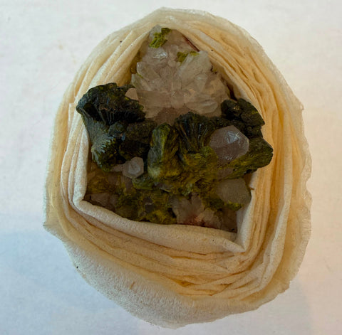 Epidote and quartz crystal specimen with pistachio green blades and clear points