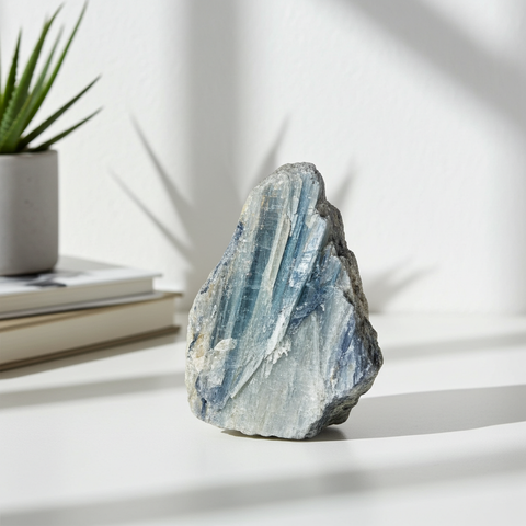 Raw kyanite cluster healing stone display piece for meditation, spiritual practice, and shelf decor.