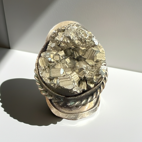 Raw Pyrite Crystal Ring adjustable gemstone ring in a German silver setting for everyday wear, crystal styling, and spiritual accessorizing.