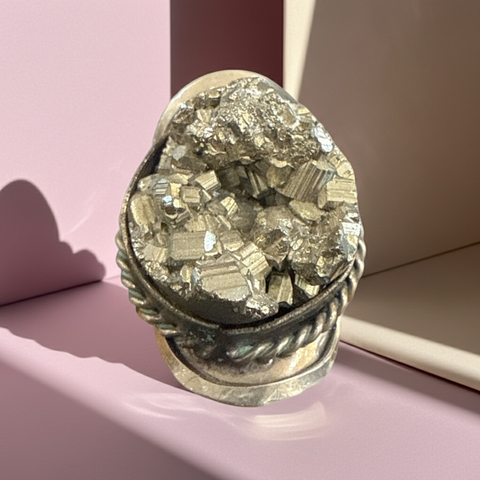 Adjustable ring featuring a raw pyrite crystal with a natural metallic gold-tone finish.