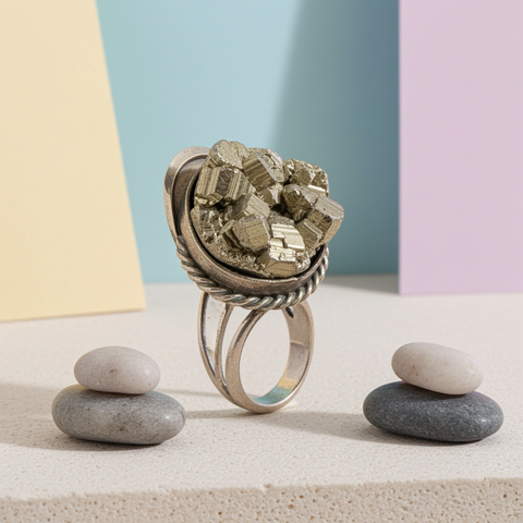 Adjustable band ring set with a raw pyrite gemstone in its natural rough form.