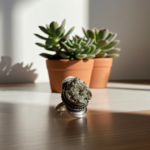 Raw Pyrite Crystal Ring with adjustable band for everyday styling, spiritual jewelry wear, and natural stone accessory use.