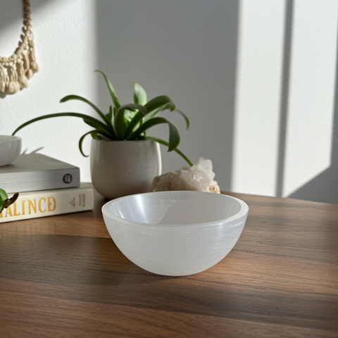 Red selenite charging bowl for cleansing crystals, small gemstones, and spiritual tools.