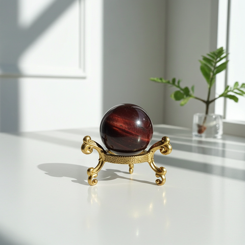 Red Tigers Eye crystal ball sphere for meditation, energy work, and spiritual decor.