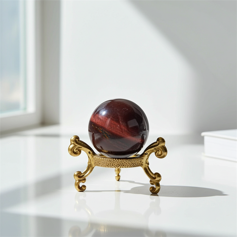 Red Tigers Eye gemstone sphere for crystal healing, grounding practice, and display use.