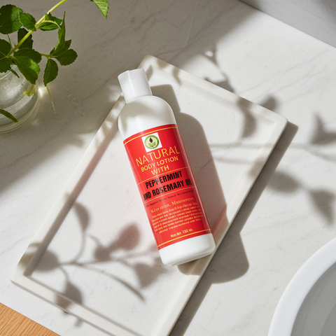 Refreshing body lotion infused with peppermint and rosemary oils for soft and nourished skin.